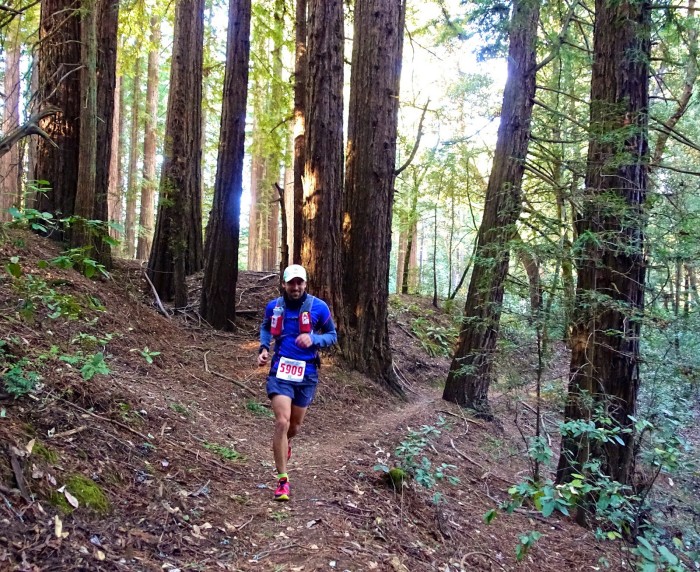 Foto de Gaspar corriendo entre redwoods. Crédito de la foto Scott Dunlap (http://www.atrailrunnersblog.com/).